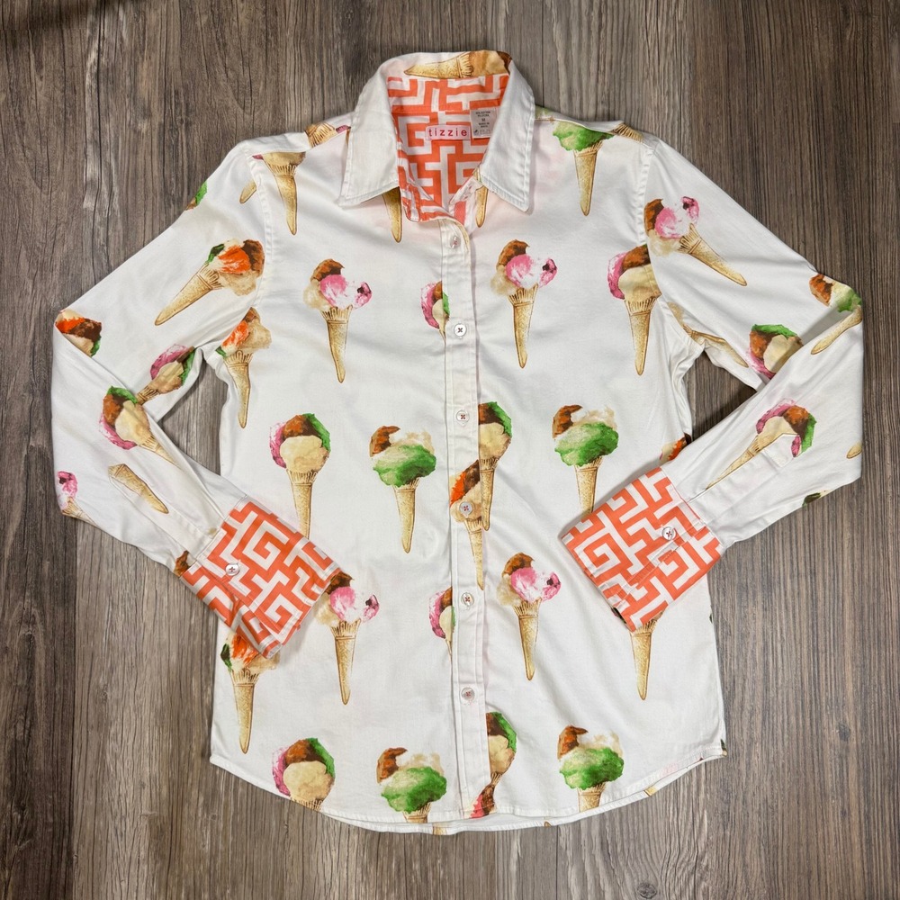 Tizzie Ice Cream Cone Pop Art Summer Foodie Shirt White Orange Geometric Cuffs M